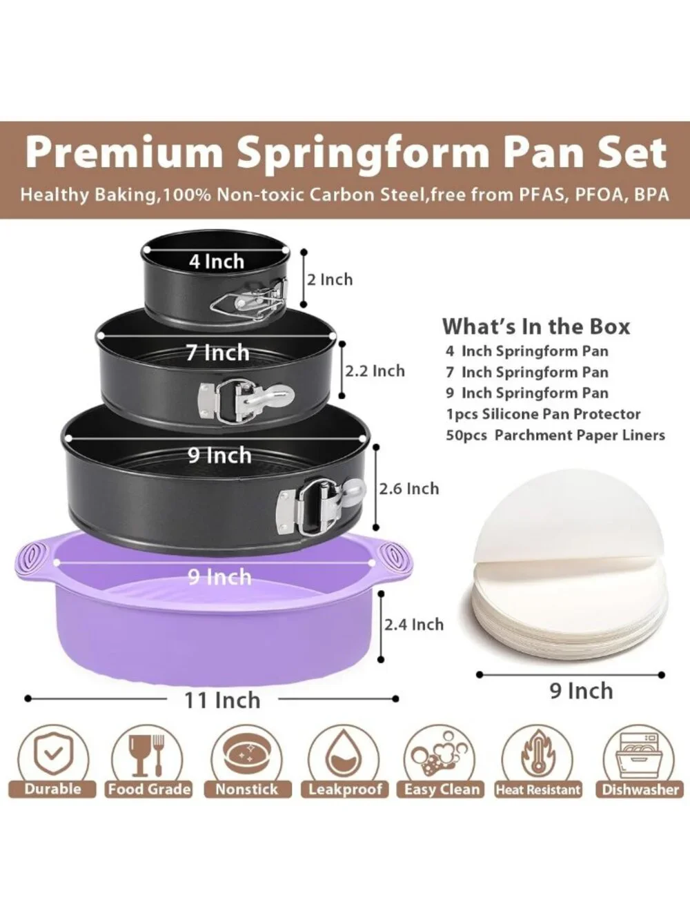 Leakproof Springform Pan Set of 3 - Nonstick Cheesecake Pans with Silicone